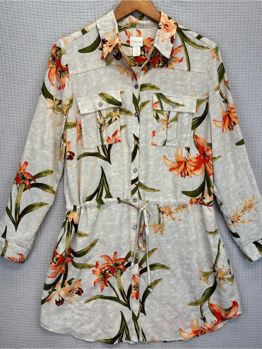 Chicos Shirt Womens 1 Floral Utility Tunic Spring Lily Button Roll Tab Tropical